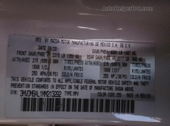 3MVDMBAL1MM213292 2021 MAZDA CX-30 White Вид наклейки з VIN-кодом