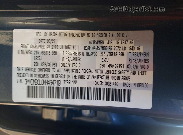 3MVDMBCL0NM434719 2022 MAZDA CX-30 Gray Вид наклейки з VIN-кодом