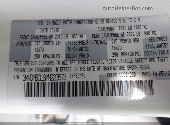 3MVDMBCL8MM223573 2021 MAZDA CX-30 White 