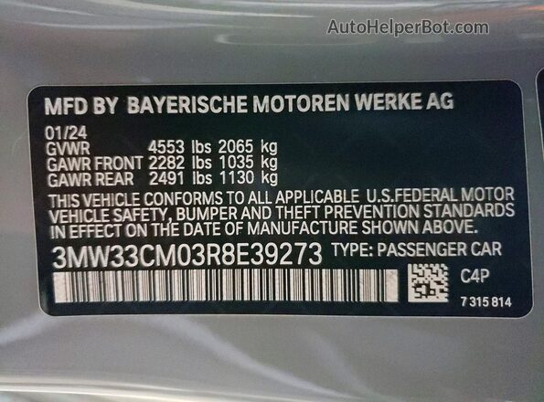 3MW33CM03R8E39273 2024 BMW 2 SERIES Turquoise VIN կոդի պիտակի տեսք
