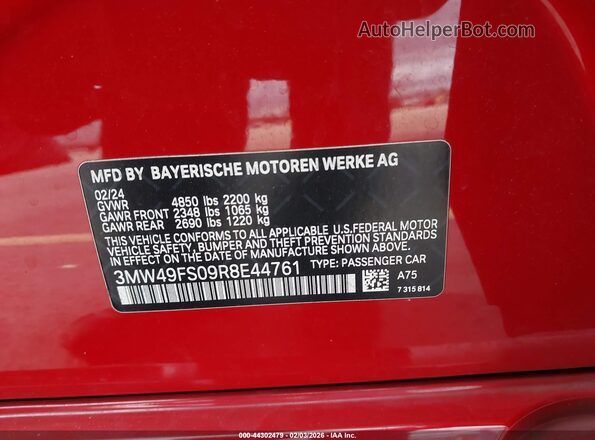 3MW49FS09R8E44761 2024 BMW M3 Red Vista del compartimento del motor