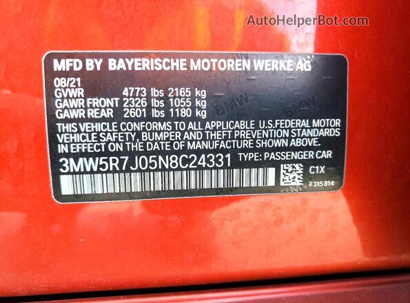 3MW5R7J05N8C24331 2022 BMW 3 SERIES Оранжевый Вид подкапотного пространства