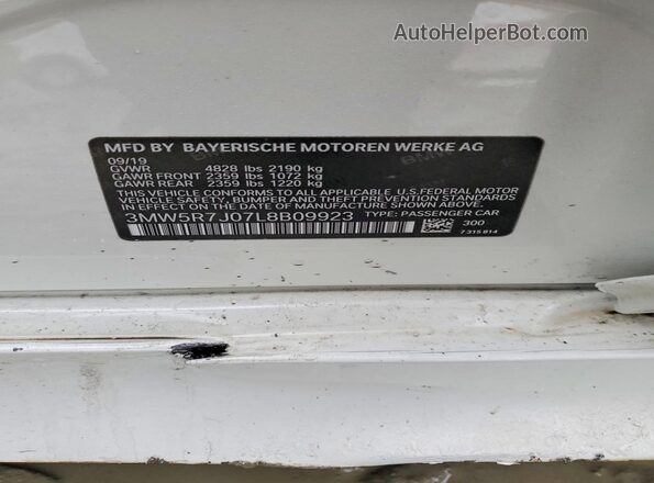 3MW5R7J07L8B09923 2020 BMW 3 SERIES White Widok komory silnika
