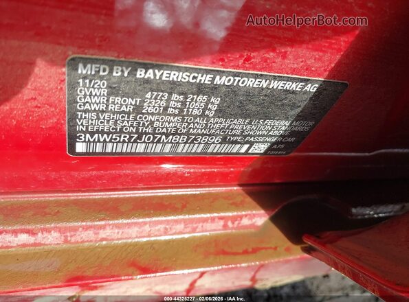 3MW5R7J07M8B73896 2021 BMW 3 SERIES Red Widok komory silnika