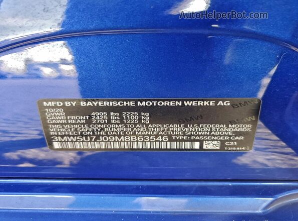 3MW5U7J09M8B63546 2021 BMW M3 Blue Vista de la etiqueta del VIN