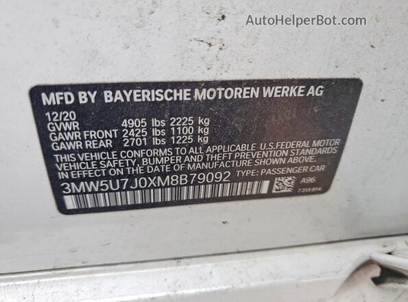 3MW5U7J0XM8B79092 2021 BMW M3 White Շարժիչի բաժամունքի տեսք