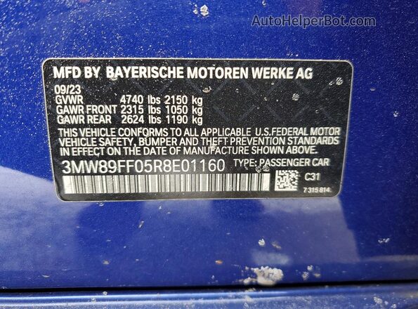 3MW89FF05R8E01160 2024 BMW 3 SERIES Blue Vista de la etiqueta del VIN