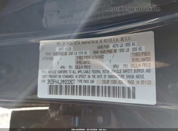 3MZBPAAL2MM200607 2021 MAZDA 3 Blue 