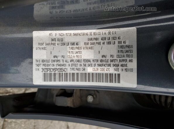 3MZBPBCM6PM365401 2023 MAZDA 3 Gray VIN კოდის სტიკერის ხედი