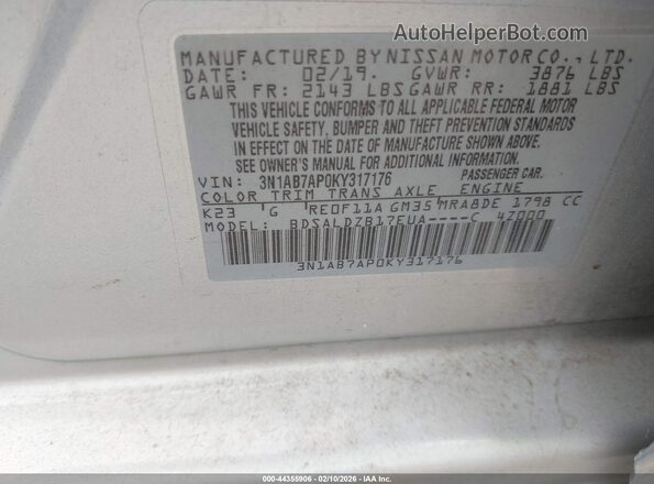 3N1AB7AP0KY317176 2019 NISSAN SENTRA Silver 
