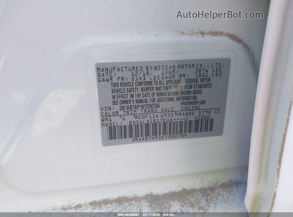 3N1AB7AP1KY280784 2019 NISSAN SENTRA White 