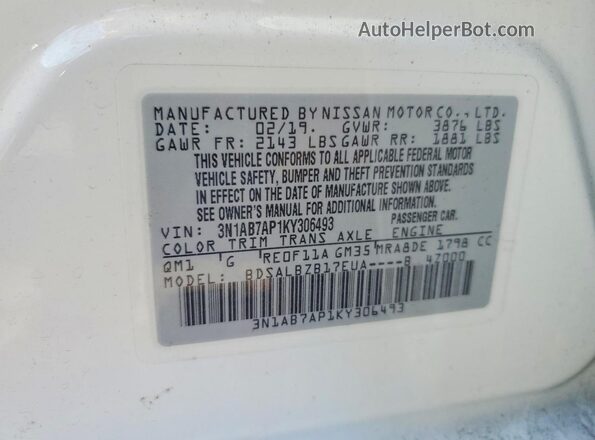 3N1AB7AP1KY306493 2019 NISSAN SENTRA White 