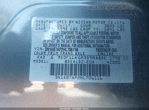 3N1AB7AP2HL706116 2017 NISSAN SENTRA Серый Вид подкапотного пространства