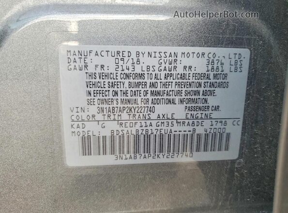 3N1AB7AP2KY227740 2019 NISSAN SENTRA Gray 