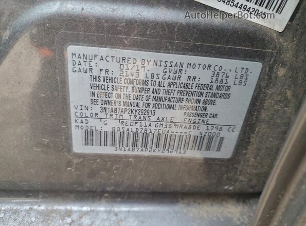 3N1AB7AP2KY292913 2019 NISSAN SENTRA Серый 