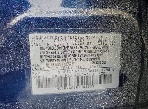 3N1AB7AP2KY385723 2019 NISSAN SENTRA Blue 