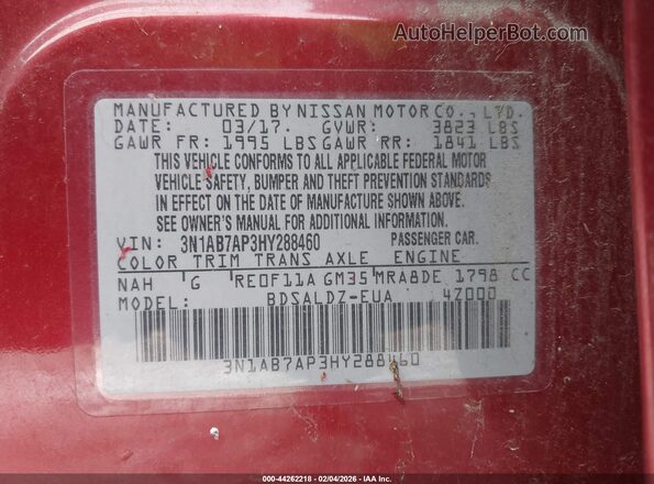3N1AB7AP3HY288460 2017 NISSAN SENTRA Red ძრავის განყოფილების ხედი