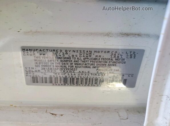 3N1AB7AP3KY283637 2019 NISSAN SENTRA White 