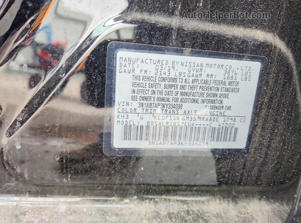 3N1AB7AP3KY334098 2019 NISSAN SENTRA Black 