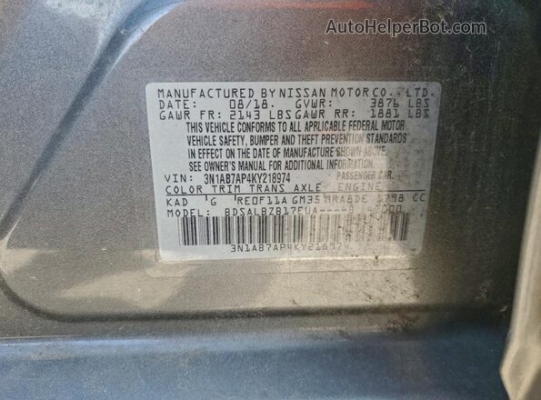 3N1AB7AP4KY218974 2019 NISSAN SENTRA Серый 