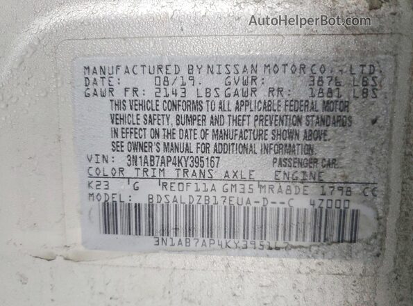 3N1AB7AP4KY395167 2019 NISSAN SENTRA Silver 