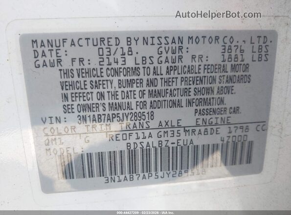 3N1AB7AP5JY289518 2018 NISSAN SENTRA White 