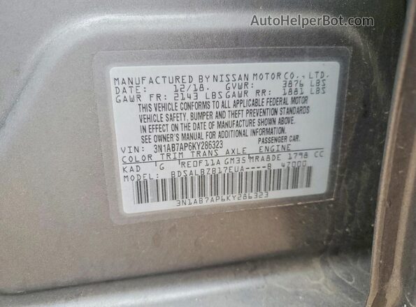 3N1AB7AP6KY286323 2019 NISSAN SENTRA Серебряный 