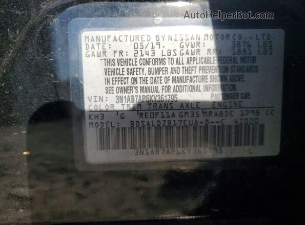 3N1AB7AP6KY361795 2019 NISSAN SENTRA Black 
