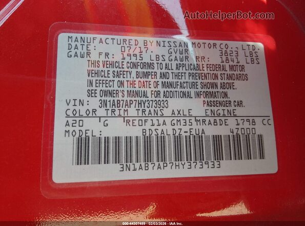 3N1AB7AP7HY373933 2017 NISSAN SENTRA Red ძრავის განყოფილების ხედი