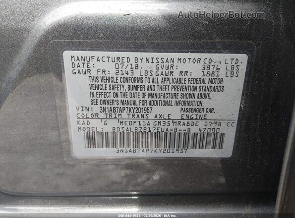 3N1AB7AP7KY201957 2019 NISSAN SENTRA Gray 