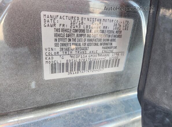 3N1AB7AP7KY244047 2019 NISSAN SENTRA Gray 