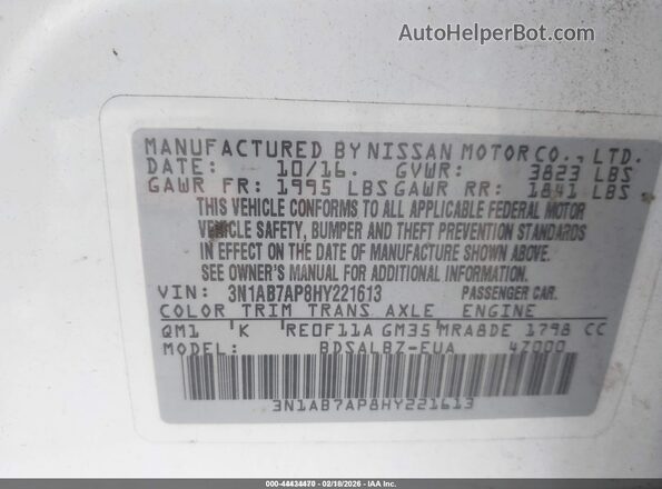 3N1AB7AP8HY221613 2017 NISSAN SENTRA White 