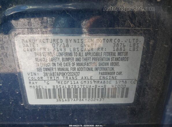 3N1AB7AP8KY202437 2019 NISSAN SENTRA Blue 