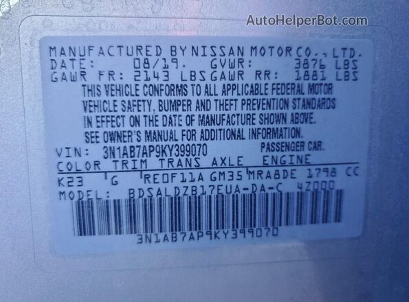 3N1AB7AP9KY399070 2019 NISSAN SENTRA Silver 