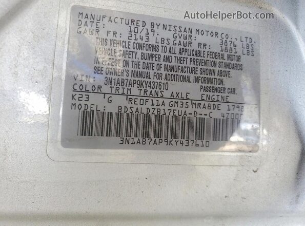 3N1AB7AP9KY437610 2019 NISSAN SENTRA Серебряный 