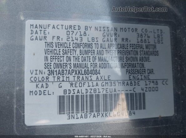 3N1AB7APXKL604084 2019 NISSAN SENTRA Серый 