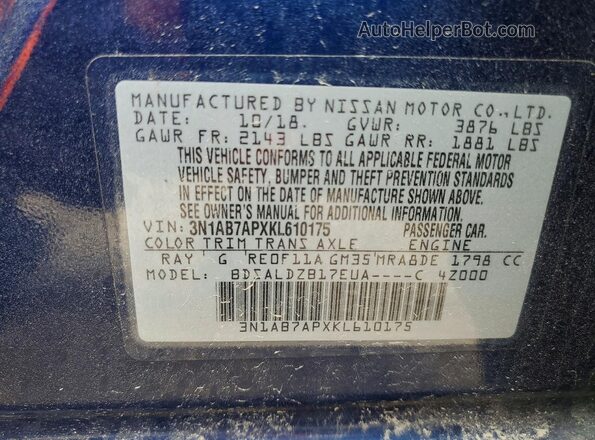 3N1AB7APXKL610175 2019 NISSAN SENTRA Blue 