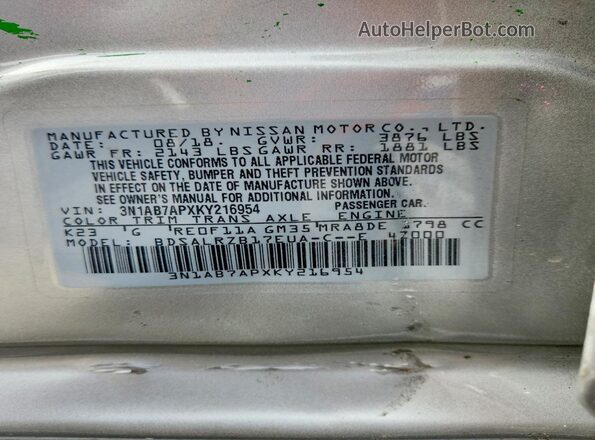 3N1AB7APXKY216954 2019 NISSAN SENTRA Silver 
