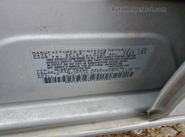 3N1AB7APXKY287586 2019 NISSAN SENTRA Silver 