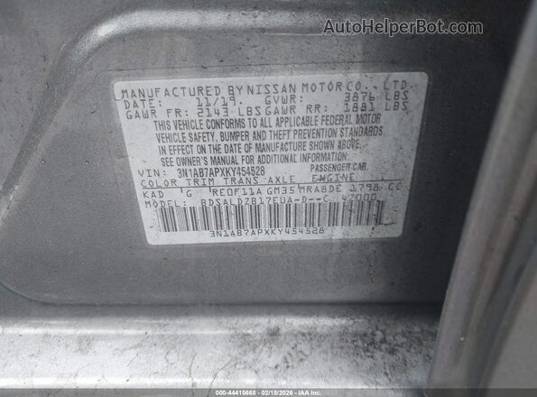 3N1AB7APXKY454528 2019 NISSAN SENTRA Серый 