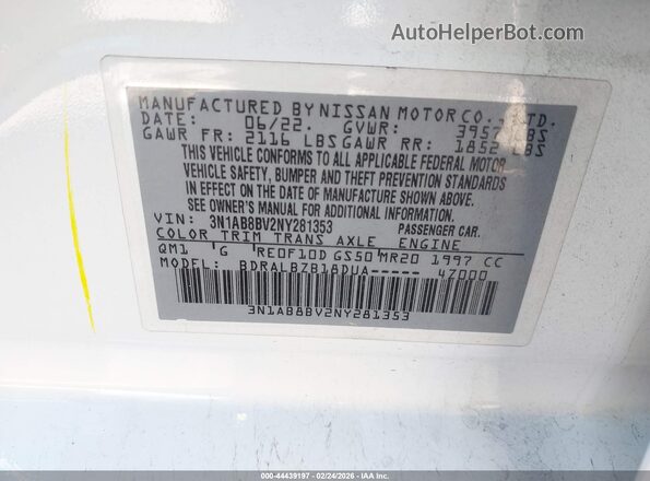 3N1AB8BV2NY281353 2022 NISSAN SENTRA White Շարժիչի բաժամունքի տեսք