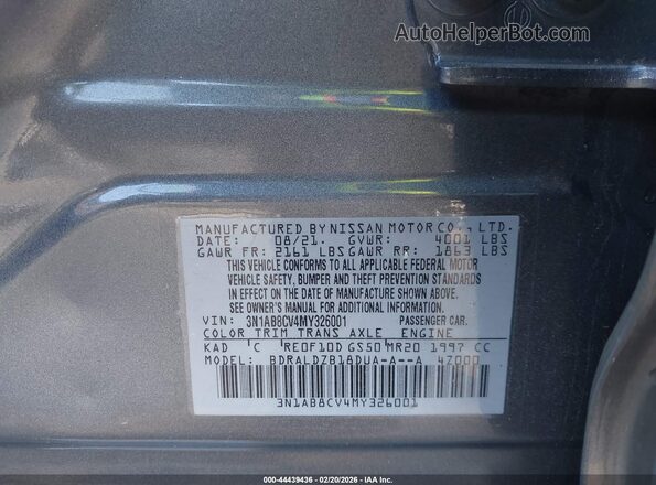 3N1AB8CV4MY326001 2021 NISSAN SENTRA Gray Շարժիչի բաժամունքի տեսք