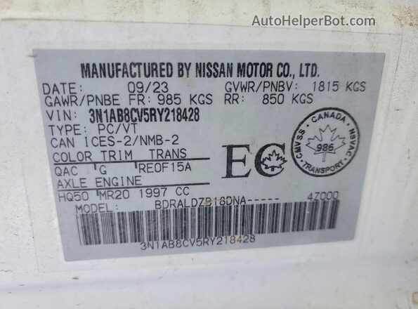 3N1AB8CV5RY218428 2024 NISSAN SENTRA White Vista de la etiqueta del VIN