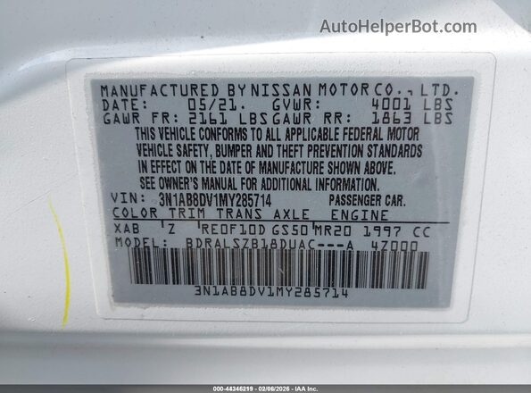 3N1AB8DV1MY285714 2021 NISSAN SENTRA White Engine compartment view