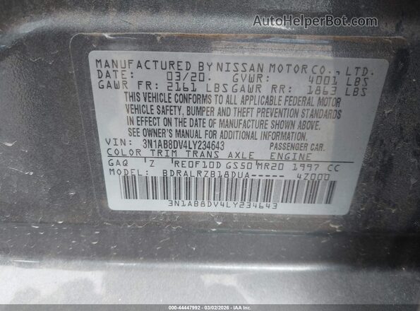 3N1AB8DV4LY234643 2020 NISSAN SENTRA Gray ძრავის განყოფილების ხედი