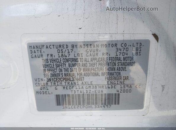 3N1CE2CP0HL374497 2017 NISSAN VERSA NOTE White Widok komory silnika