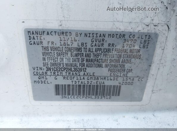3N1CE2CP2HL353912 2017 NISSAN VERSA NOTE White Widok komory silnika