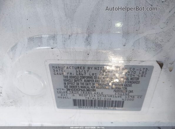 3N1CE2CP4JL360186 2018 NISSAN VERSA NOTE White Вид підкапотного простору