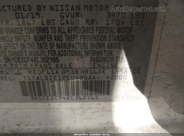 3N1CE2CP4KL362165 2019 NISSAN VERSA NOTE White Engine compartment view