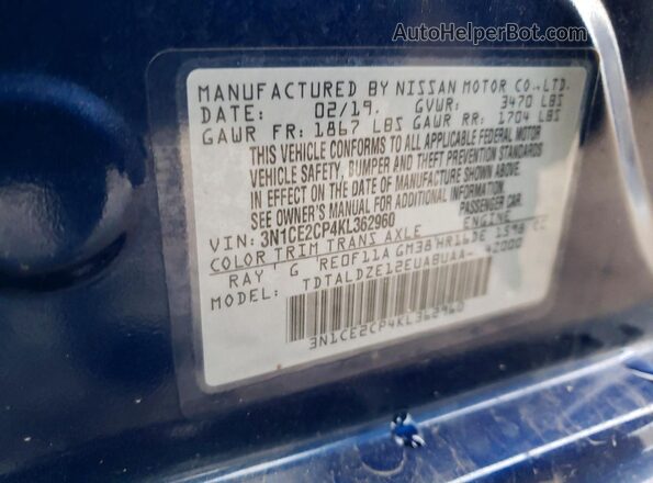 3N1CE2CP4KL362960 2019 NISSAN VERSA Blue Vista del compartimento del motor